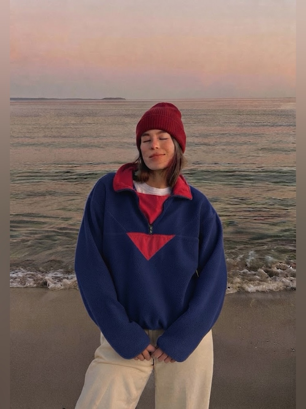 Vintage Tourney Windshirt Polartec Fleece Pullover 1/4 Zip Navy Red Size Large